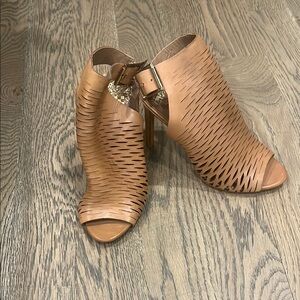 Tan Woven Block Heel Mules